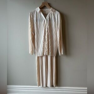 Commense Cream Pleated Blouse and Pants Set